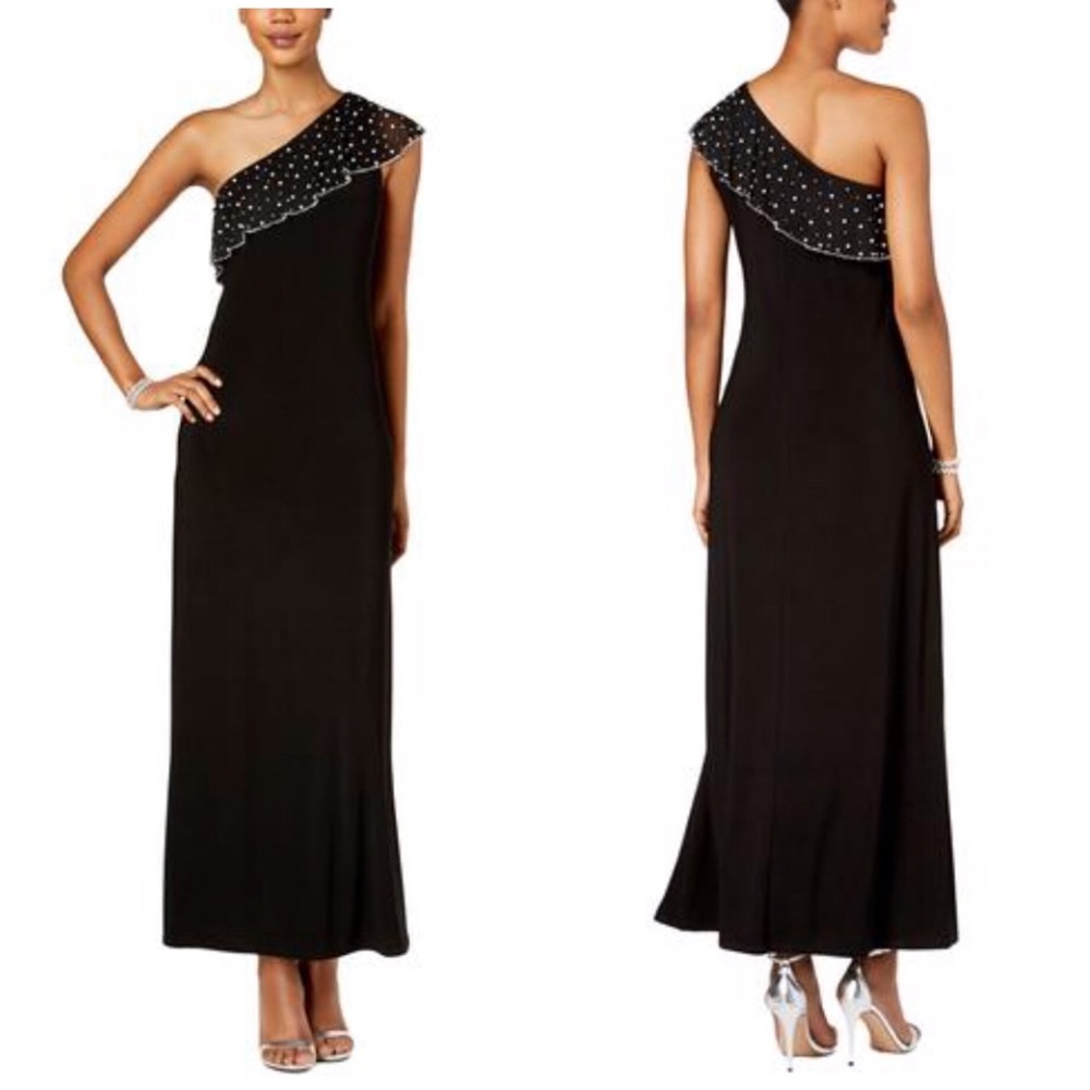 MSK One Shoulder Black Dress with Metallic Details